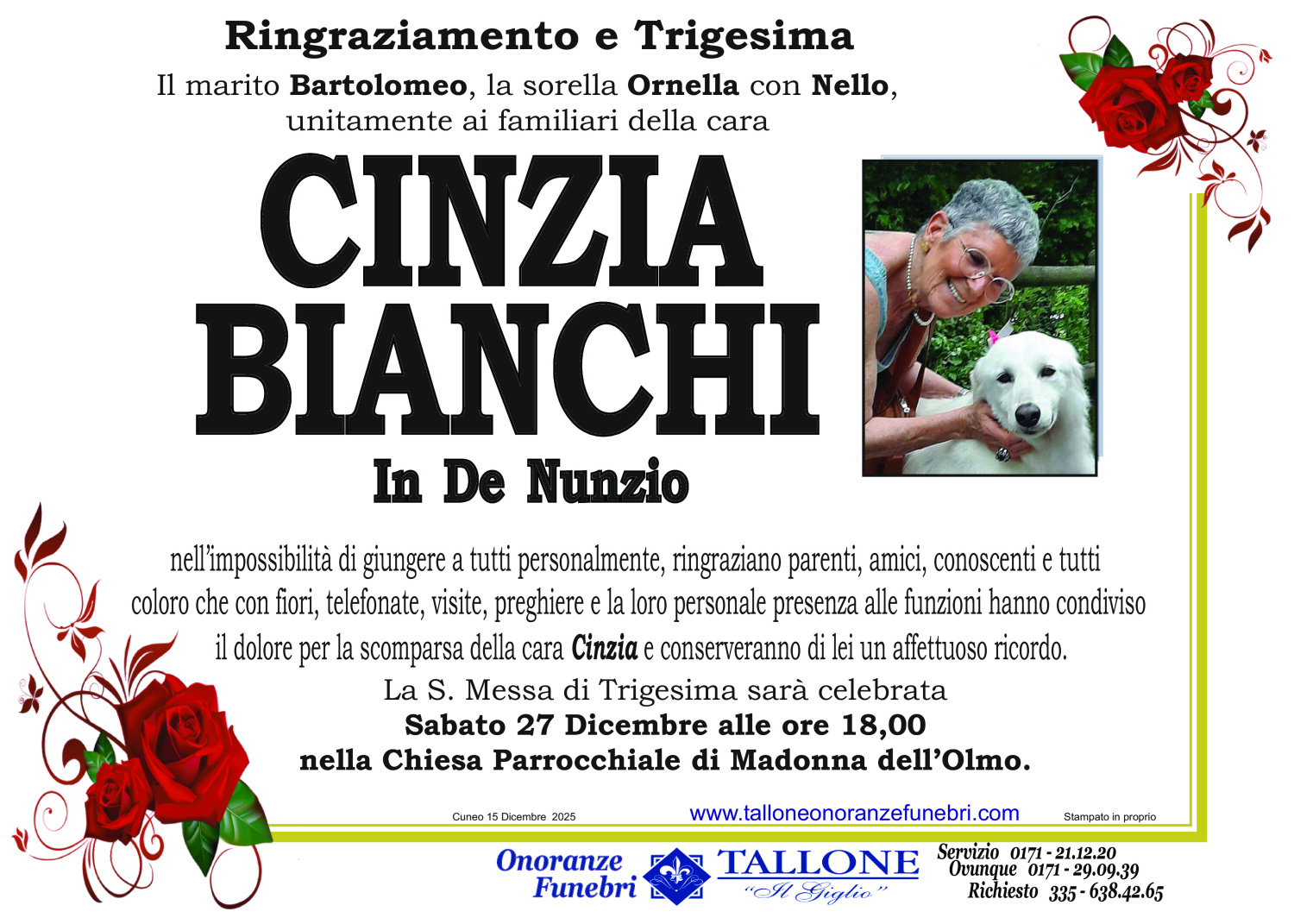 <br />
<b>Warning</b>:  Undefined variable $info in <b>/home/tallone/public_html/ringraziamenti.php</b> on line <b>68</b><br />
Cinzia Bianchi